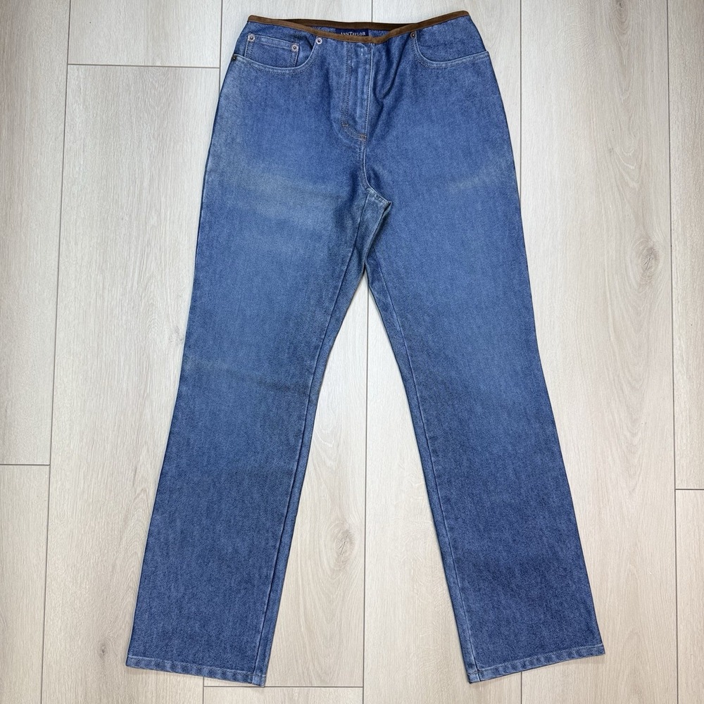 Y2K Ann Taylor Jeans Womens 4P Blue Straight Leg Denim Brown Trim NWOT 30 Inseam